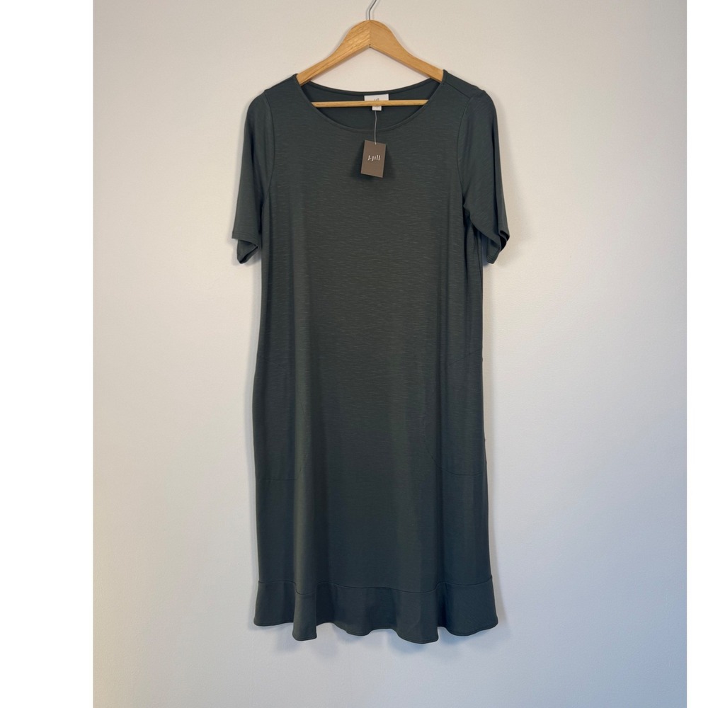 Minimalist J.Jill Flounce Hem Pocket Dress Womens S NWT Peat Moss Green 196581